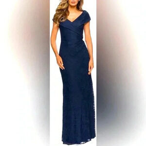 La Femme Lace Off Shoulder Cap Sleeve Evening Dress 6 Gown Navy Blue Ball NWOT